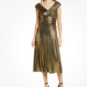 Tadashi Shoji Metallic Bronze/Gold Cap Sleeve Jersey Midi Dress M Holiday Formal